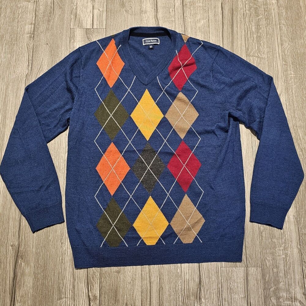 Club Room Men’s Argyle Print Merino Wool Blend V-neck Sweater Preppy Size Large